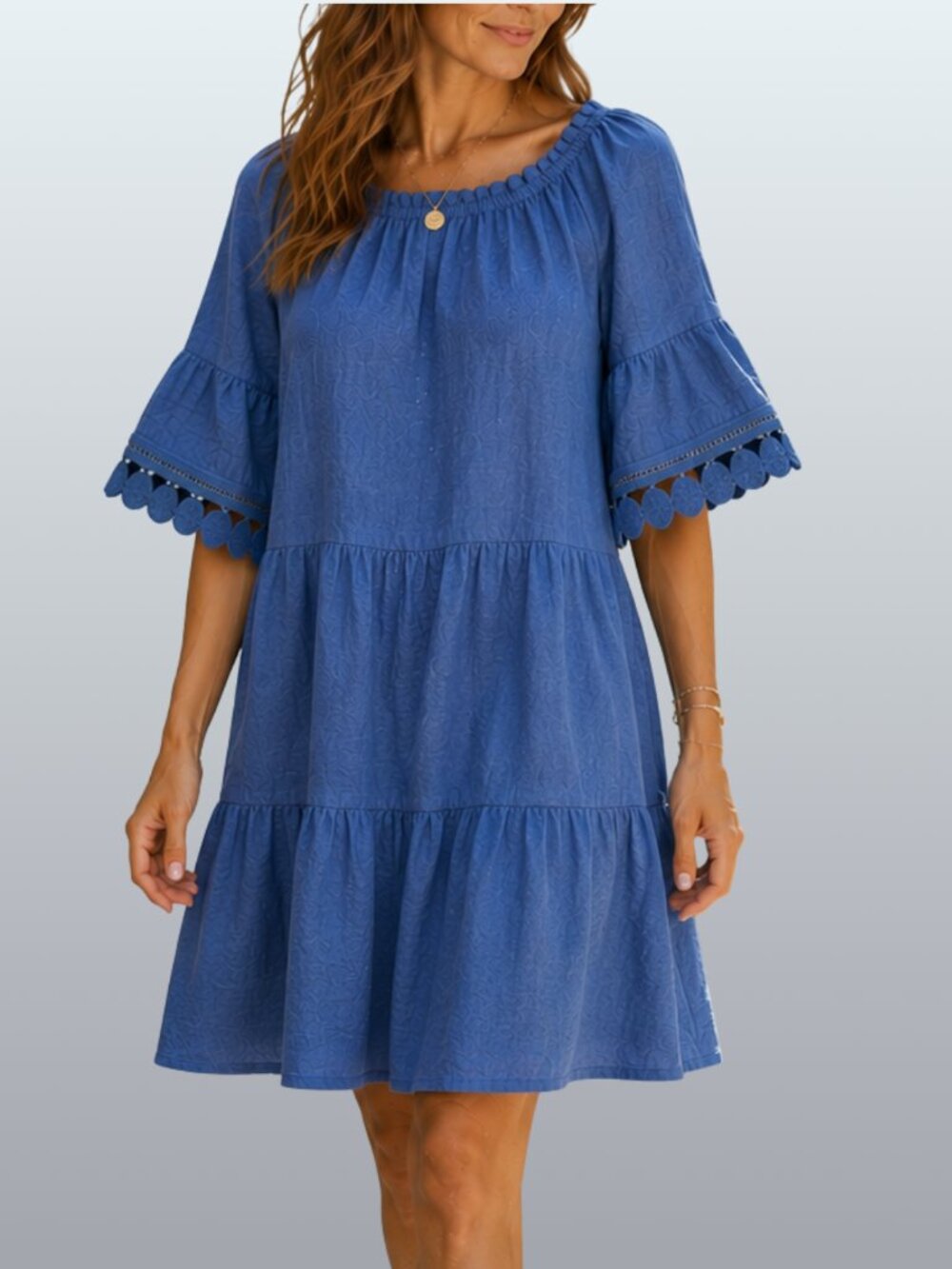 100% Linen Blue On/Off Shoulder Tiered Mini Dress Terzo Millennio M Italy EUC